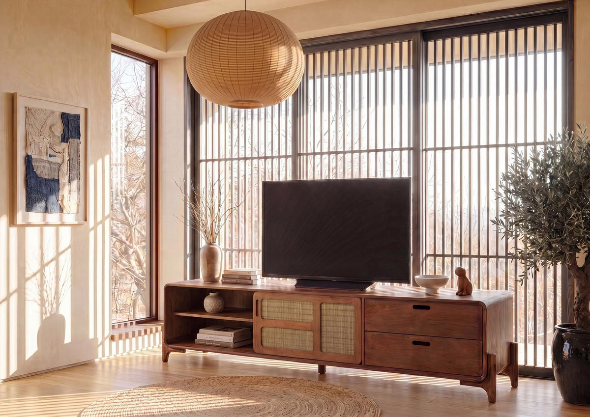 TV-BOARD Mango/Seegras 220x40x50 hellbraun lackiert MIZUMI #105 - Braun, Holz (220/50/40cm) - Massivmoebel24
