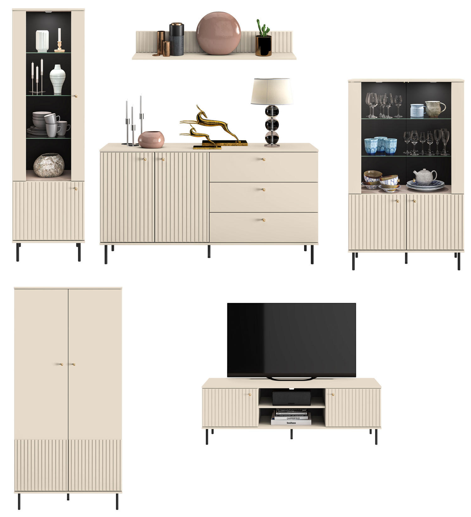 WOHNZIMMER-SET Sophie kaschmir matt 6-teilig - Kaschmir/Braun, Holz/Holzwerkstoff (559/190/53cm) - Feldmann-Wohnen