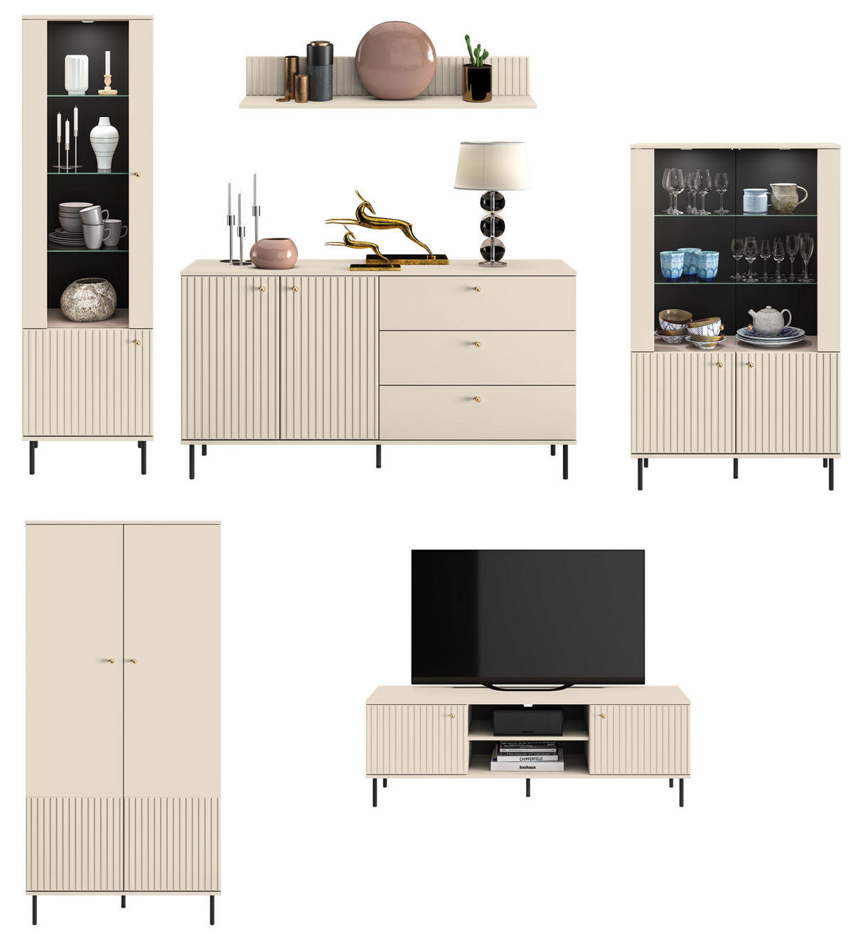 WOHNZIMMER-SET Sophie kaschmir matt 6-teilig - Kaschmir/Braun, Holz/Holzwerkstoff (559/190/53cm) - Feldmann-Wohnen