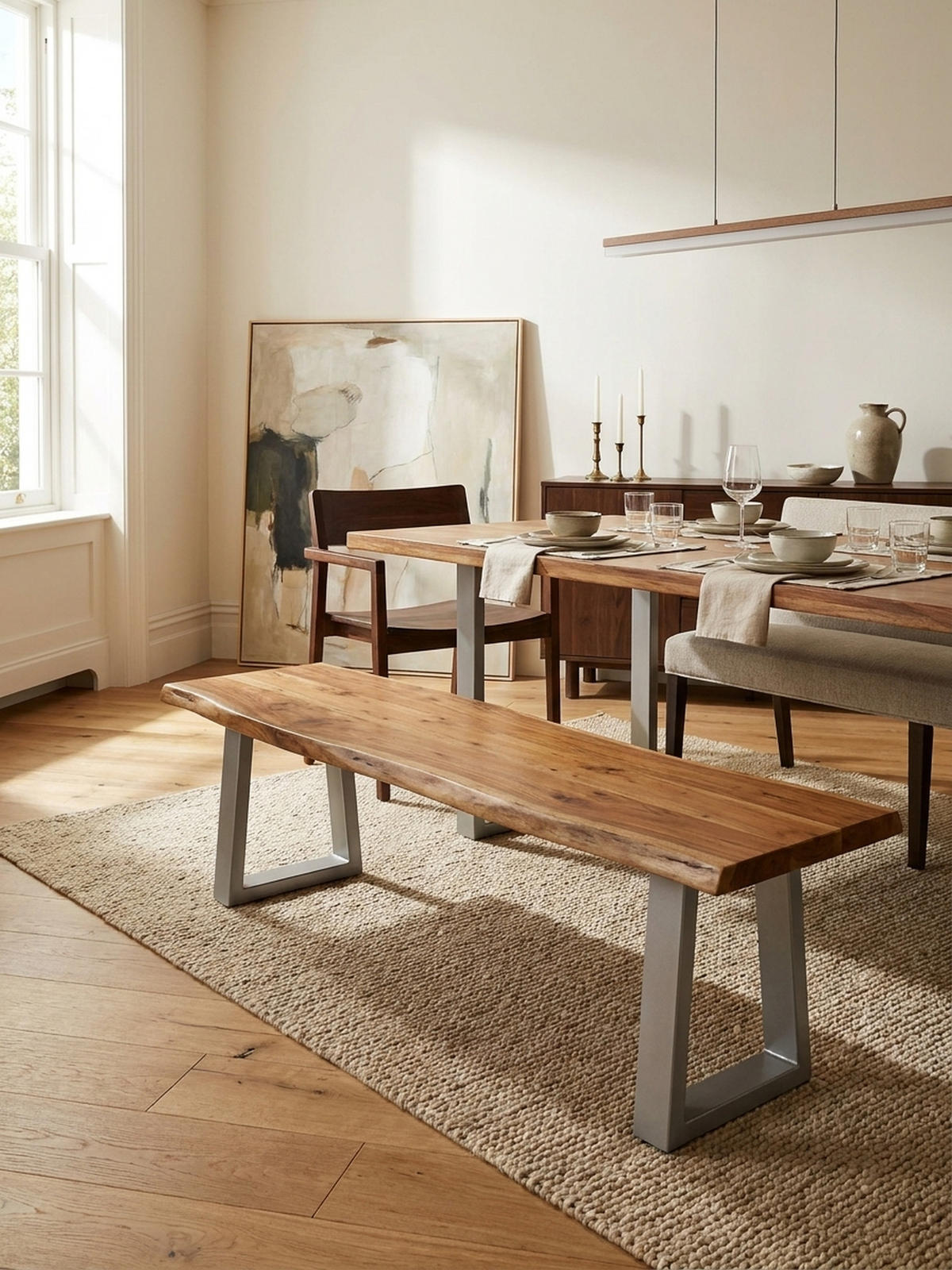 ESSZIMMERBANK Massivholz Metall Baumkante Chromgestell, Akazie 160x40x46 cm - Silberfarben/Braun, Holz/Metall (160/46/40cm) - KADIMA DESIGN