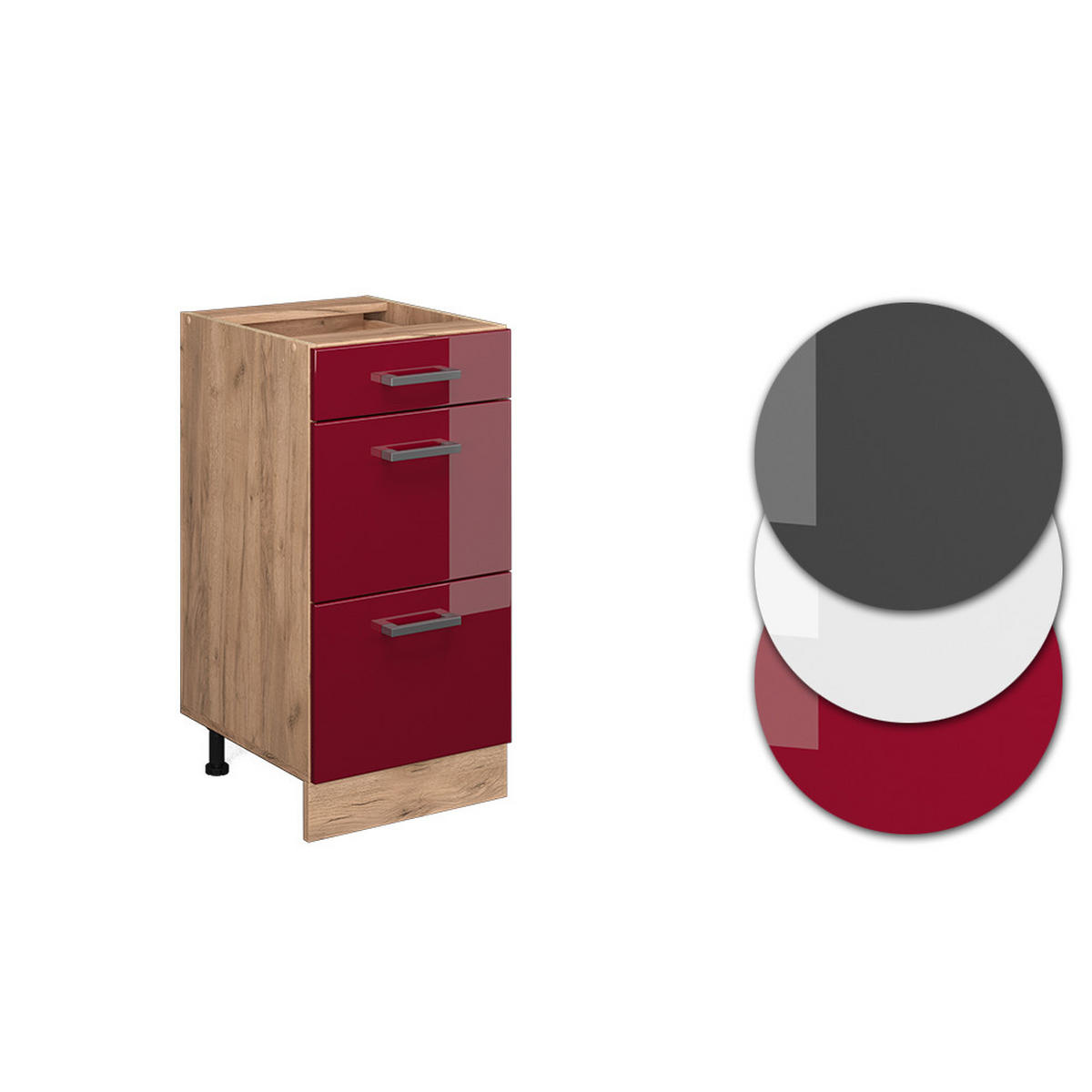 KÜCHENUNTERSCHRANK R-Line Rot Hochglanz 40 cm mit Schubladen, AP Anthrazit - Eiche Wotan/Rot, Holzwerkstoff (40/81.6/60cm) - Vicco