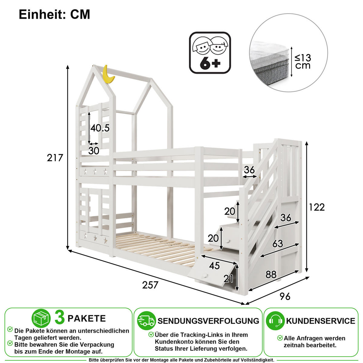 ETAGENBETT 90/200 cm in Weiß mit 2 Schubladen, Treppenstauraum und Rausfallschutz - Weiß, Holz/Holzwerkstoff (90/200cm) - CHICFURN
