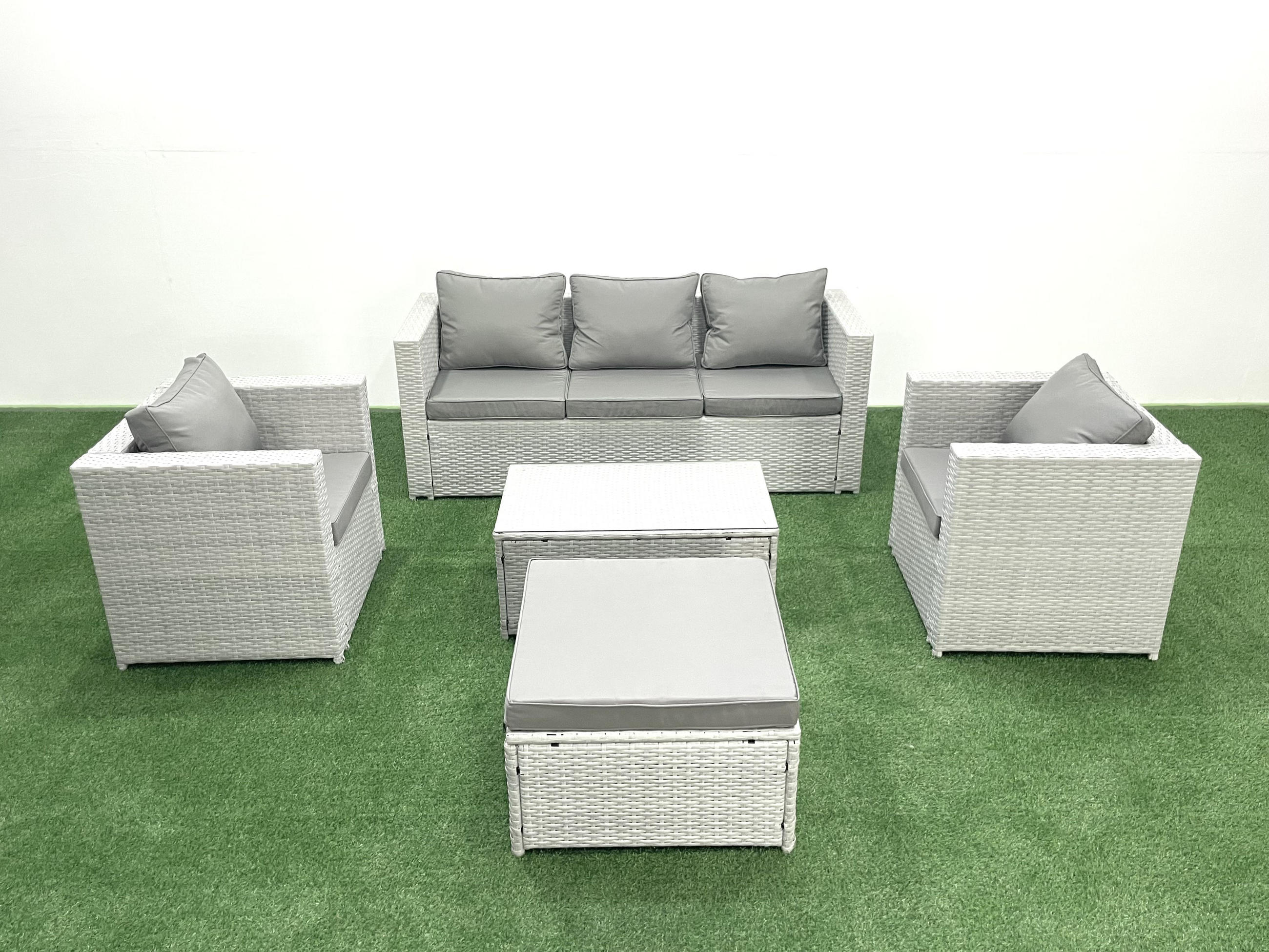 GARTENMÖBELSET mit 3-SITZER SOFA,COUCHTISCH Polyrattan Hellgrau-Mix 6-Sitzer - Hellgrau/Grau, Glas/Kunststoff - Fimous