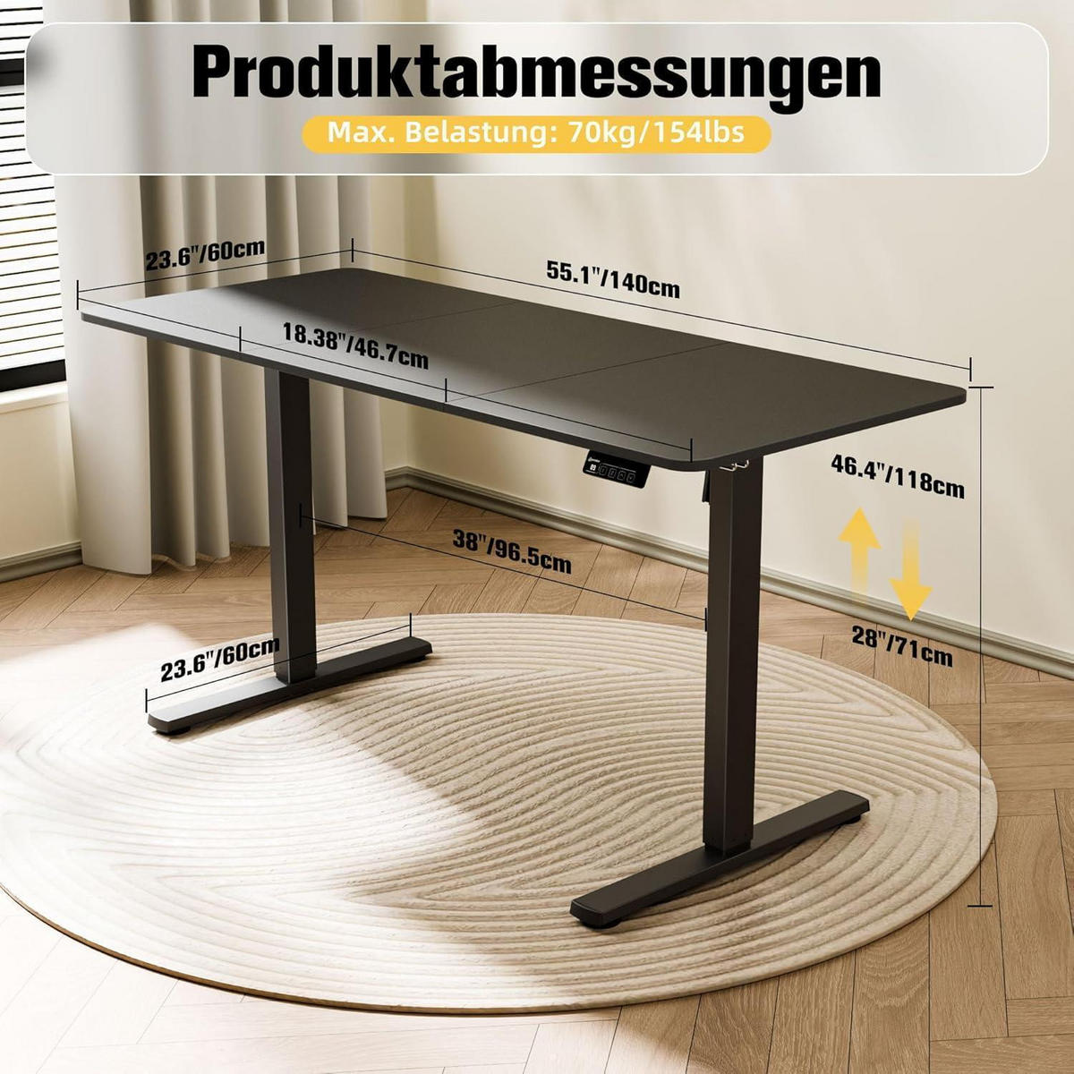 SCHREIBTISCH elektrisch höhenverstellbar 140 x 60 cm Schwarz - Schwarz, Metall (60/140/73cm)