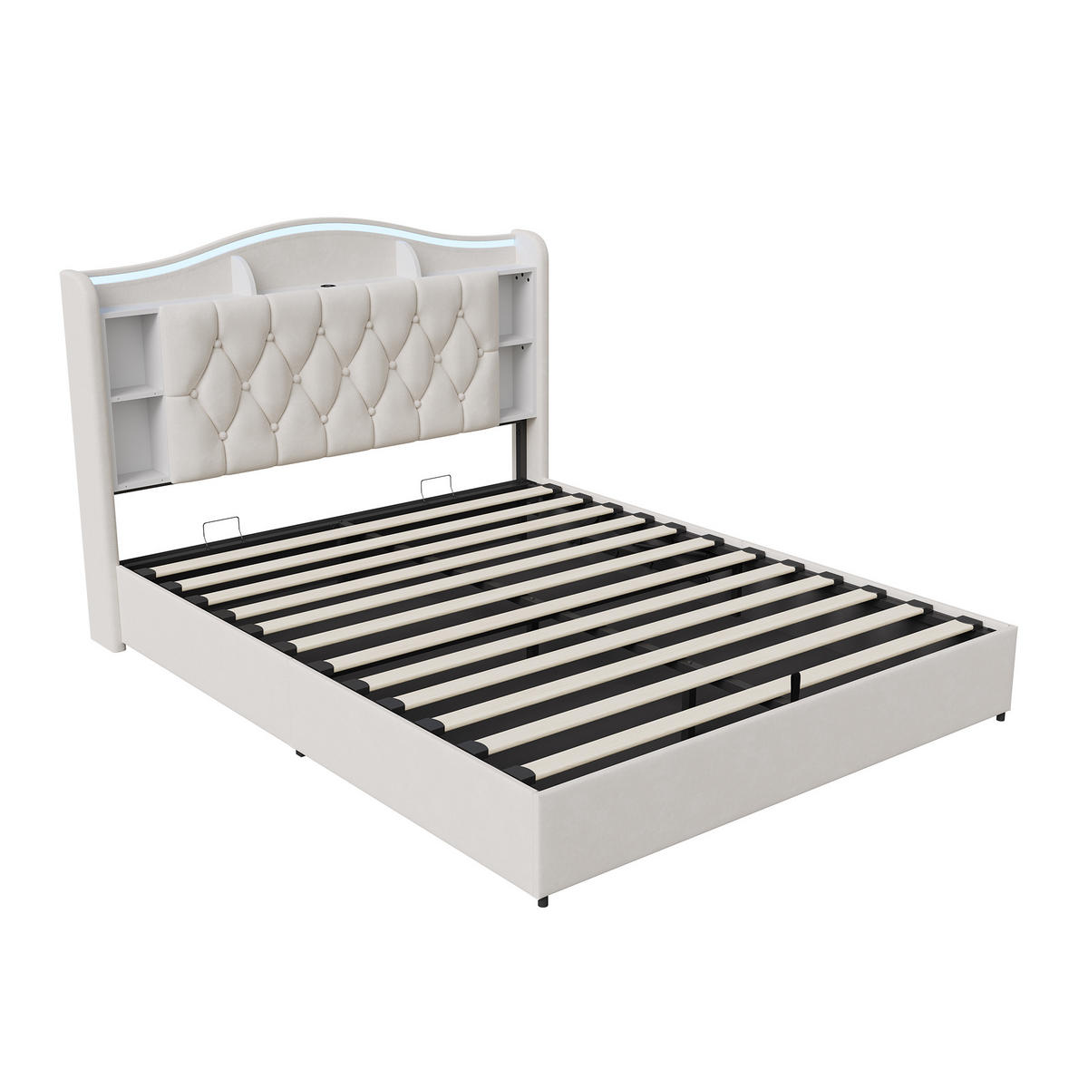 POLSTERBETT 160x200cm beige samt bett mit Hydraulik, LED Licht und Ladeanschluss - Beige, Textil (160/200cm) - CASIVA