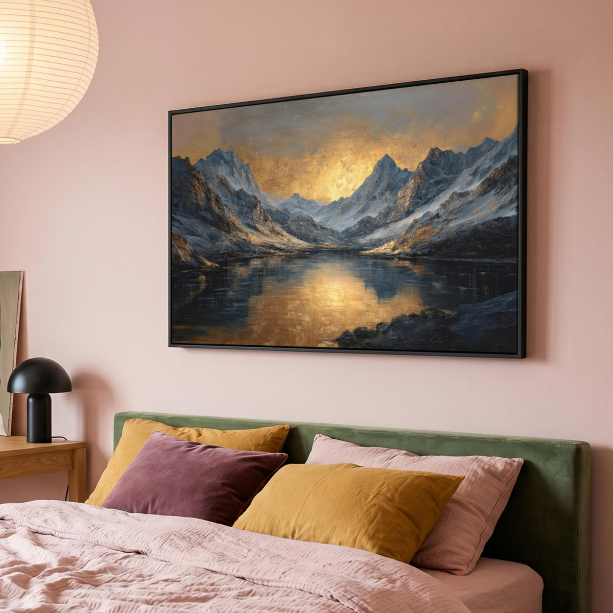 LEINWAND Bilder mit Rahmen - Bergkulisse mit goldenem Sonnenuntergang - 150x100 - Goldfarben, Textil (150/100cm) - MuchoWow