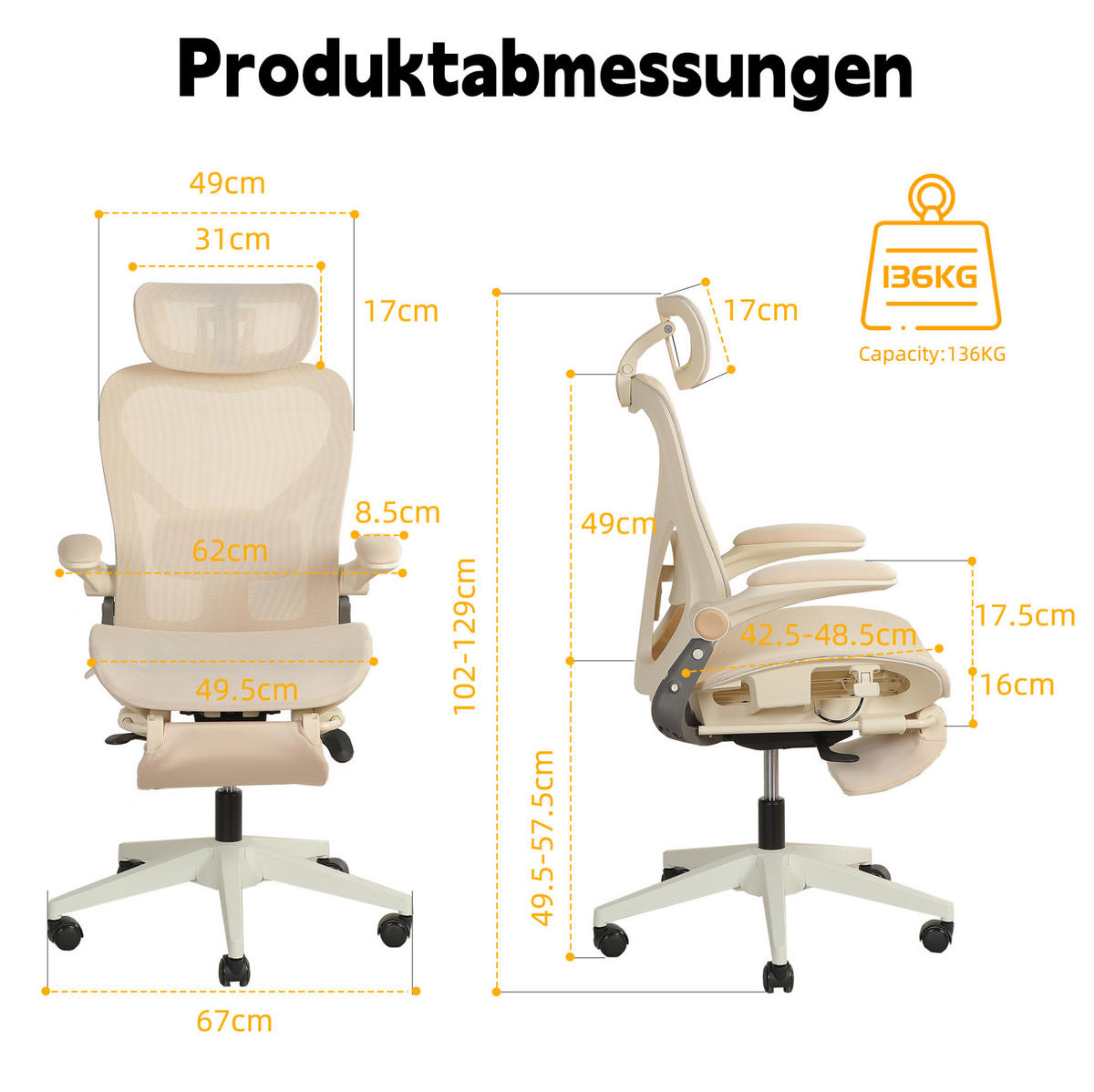 DREHSTUHL 67/67/129 cm cream aus Mesh klappbar ergonomisch mit Kopf- und Taillenstütze - Creme, Textil (62/129/48.5cm) - OKWISH