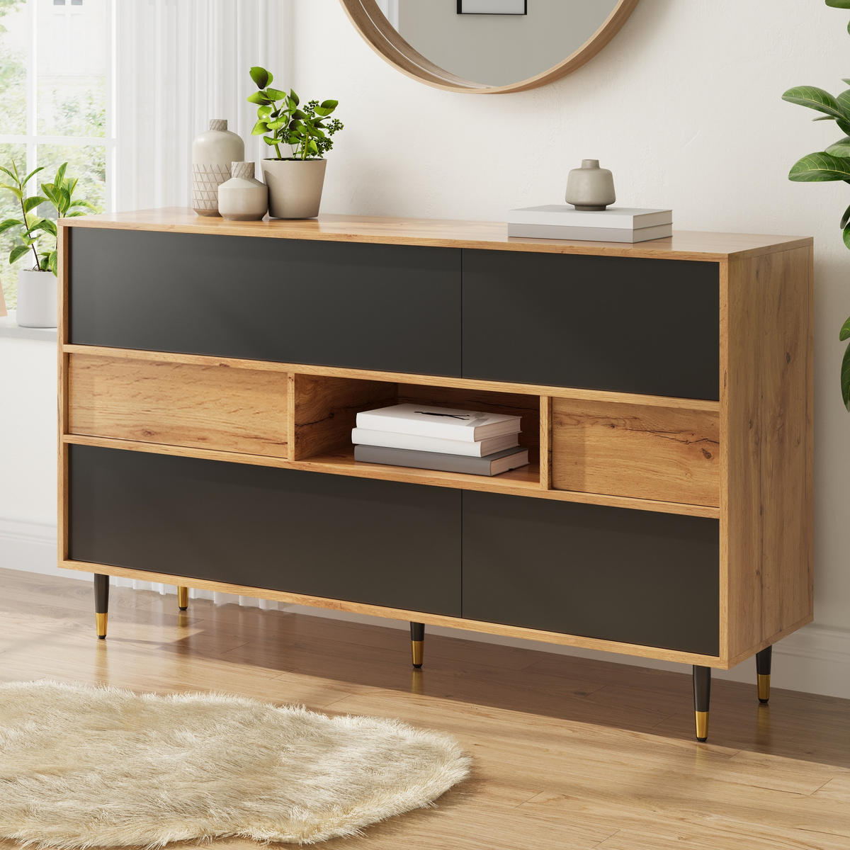 SIDEBOARD Holz Schwarz 2 Schubladen Türen Mittelfach Modern - Multicolor, Holzwerkstoff (140/84.5/40cm) - FLIEKS
