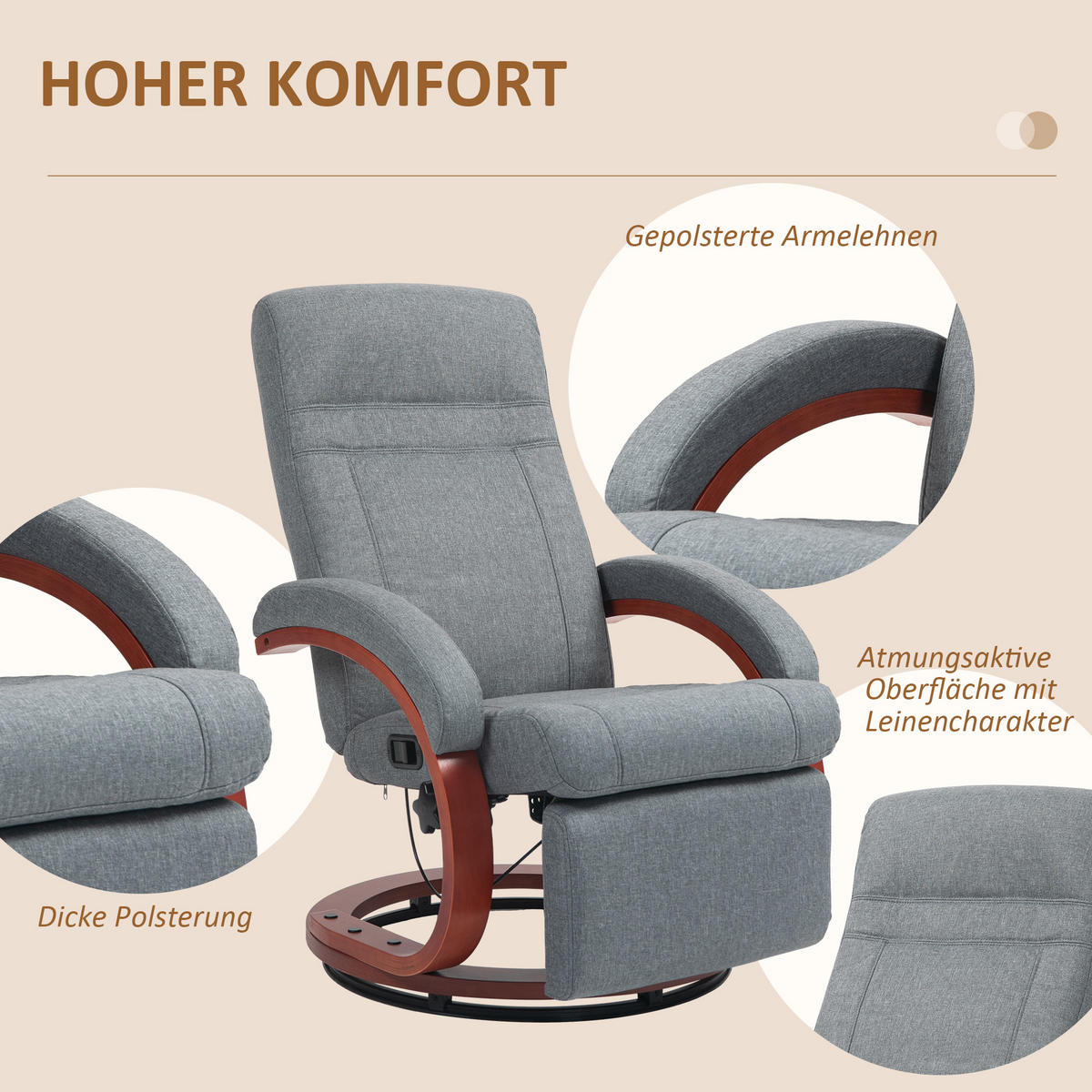 RELAXSESSEL mit Liegefunktion, Grau - Grau, Textil (86/100/68cm) - HOMCOM