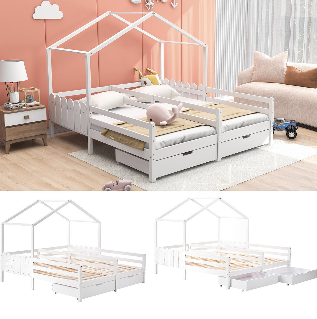 HAUSBETT 200/90 cm Weiß aus Massivholz mit 2 Schubladen - Weiß, Holz (90/200cm) - OKMYHOME