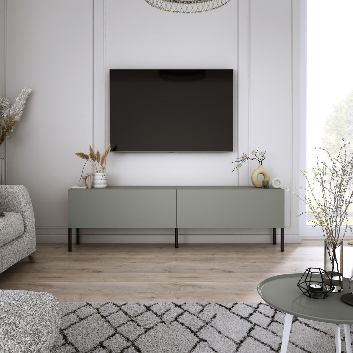 TV-SCHRANK : Aloe, 140 x 52 x 32 cm, schwarze Beine - Schwarz/Grün, Holzwerkstoff/Metall (140/52/32cm) - 3XE LIVING