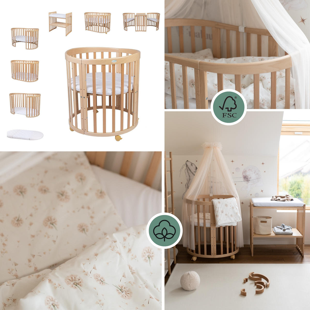BABYBETT WHITE OVAL 7in1 mit Matratze und Himmelset - Champagner/Weiß, Holz/Textil