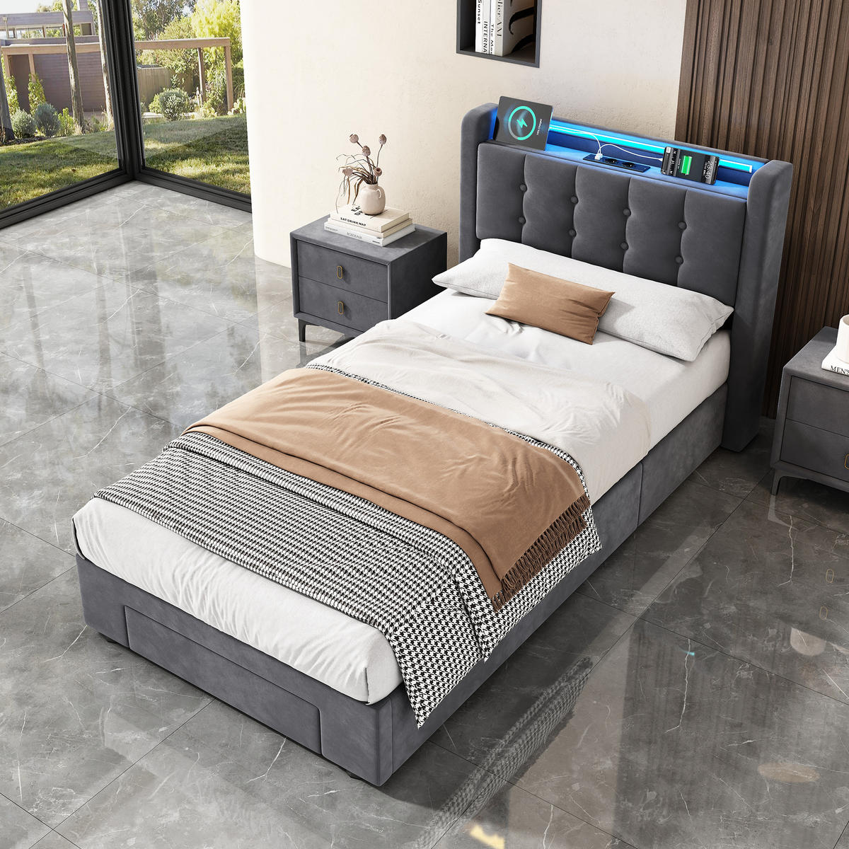 POLSTERBETT 90/200 cm mit Matratze und Steckdose, mit Schubladen und Stauraum - Grau, Holzwerkstoff/Textil (90/200cm) - STILVORA