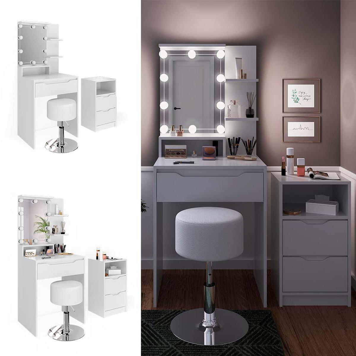SCHMINKTISCH Ruben Weiß mit Schubladenschrank LED Beleuchtung und Hocker - Weiß, Holzwerkstoff (60/142.7/48cm) - Vicco
