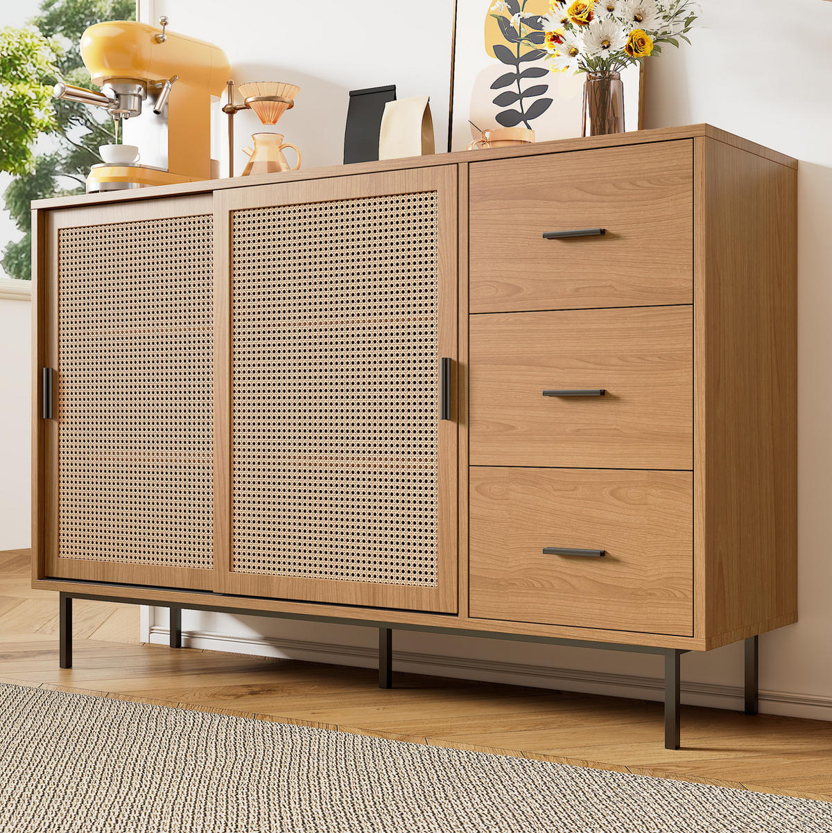 SIDEBOARD aus Spanplatte 140x37x91 cm Natur mit Rattan-Schiebetüren und 3 Schubladen - Naturfarben, Holzwerkstoff (140/91/37cm) - IVMEU