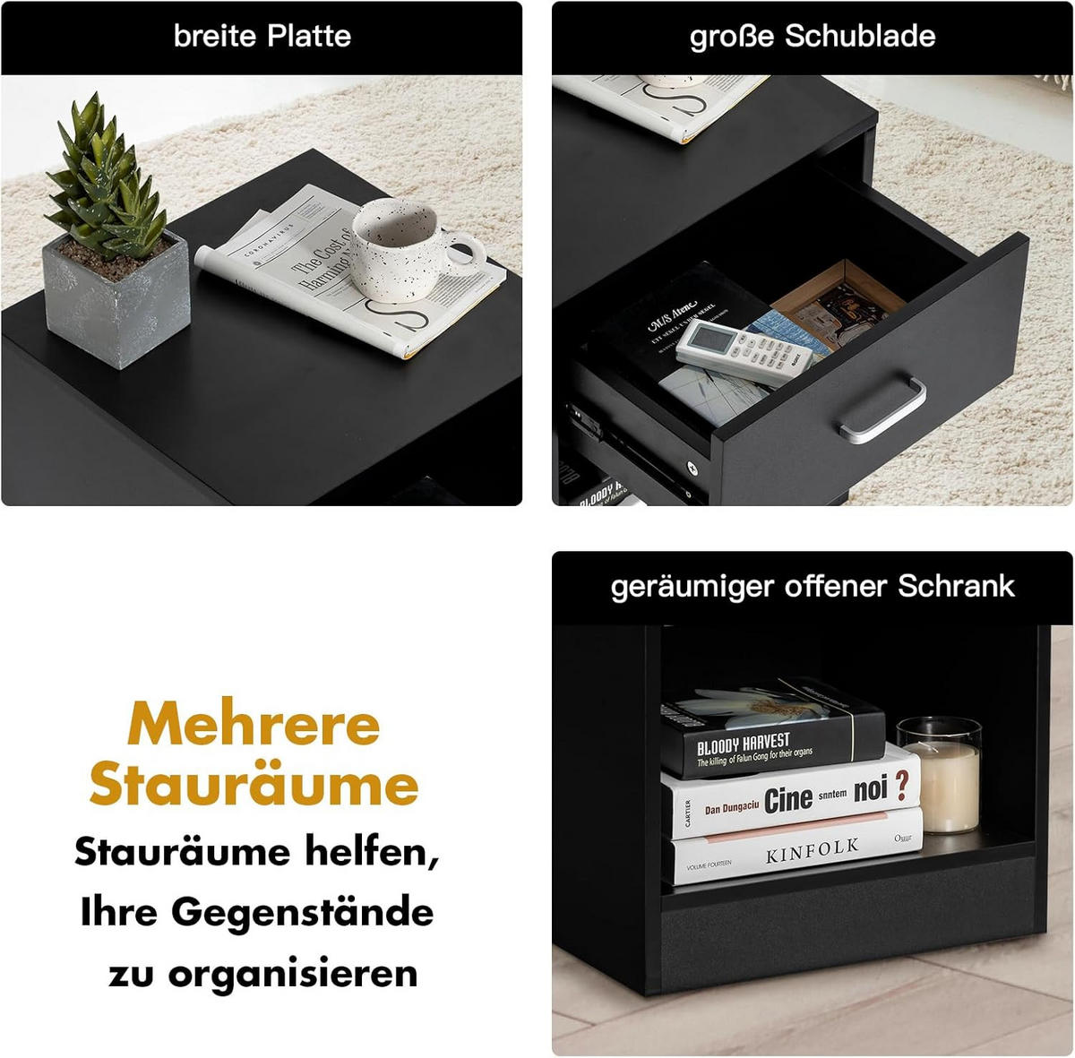 NACHTTISCH Schwarz - Schwarz, Holz (43/55/45cm) - COSTWAY