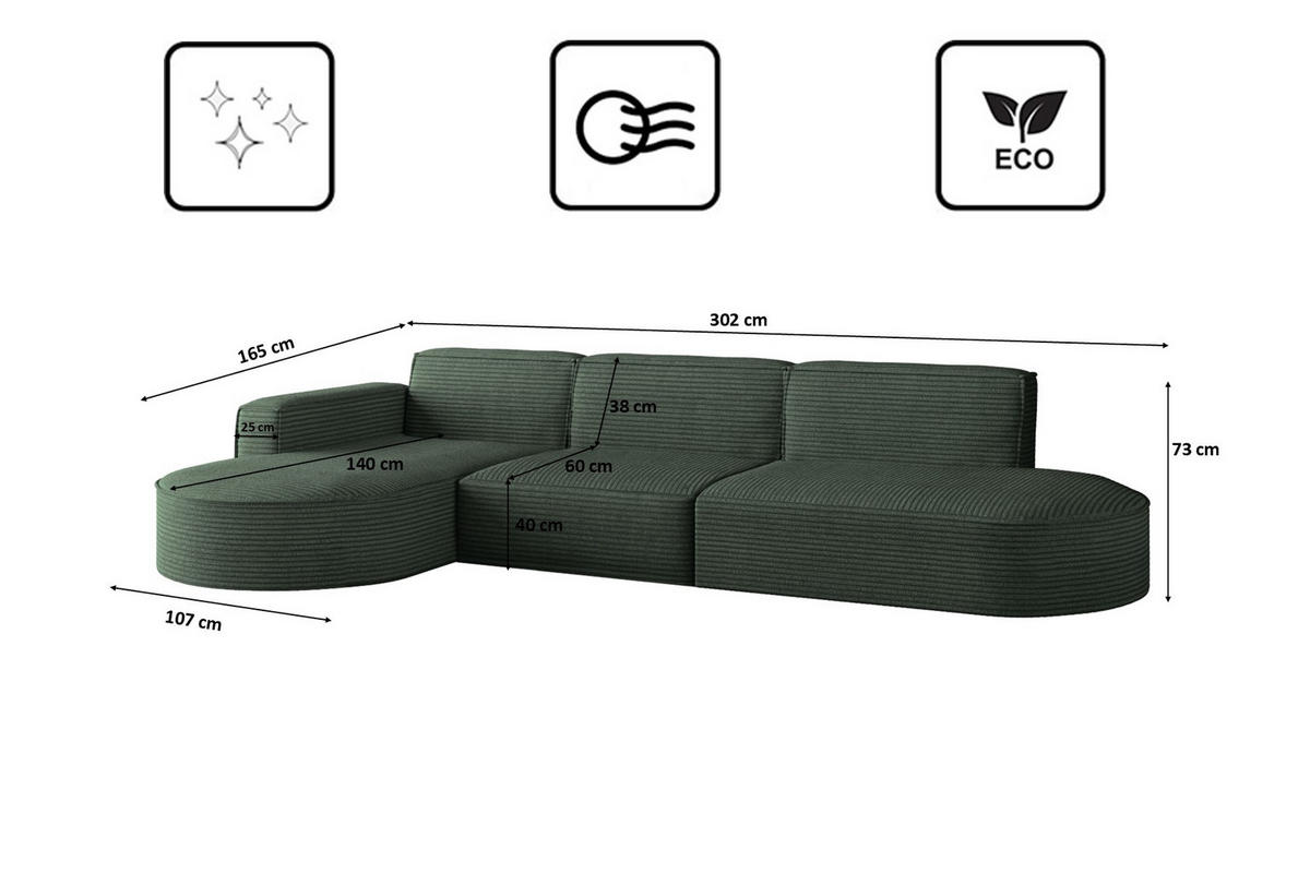 ECKSOFA Designer, Sofa L form MODENA 302 cm stoff Poso Grün Links - Grün, Holz (302/296cm) - Kaiser Möbel