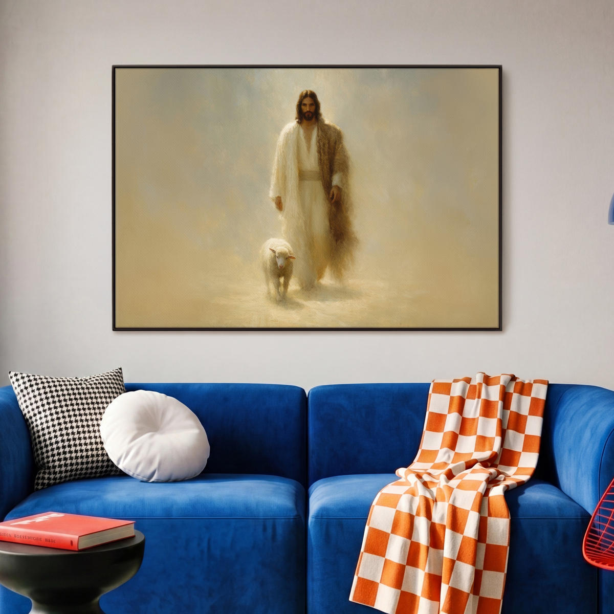 LEINWAND Bilder mit Rahmen - Schaf - Jesus - Pinselstriche - Abstrakt - 90x60 - Beige, Textil (90/60cm) - MuchoWow