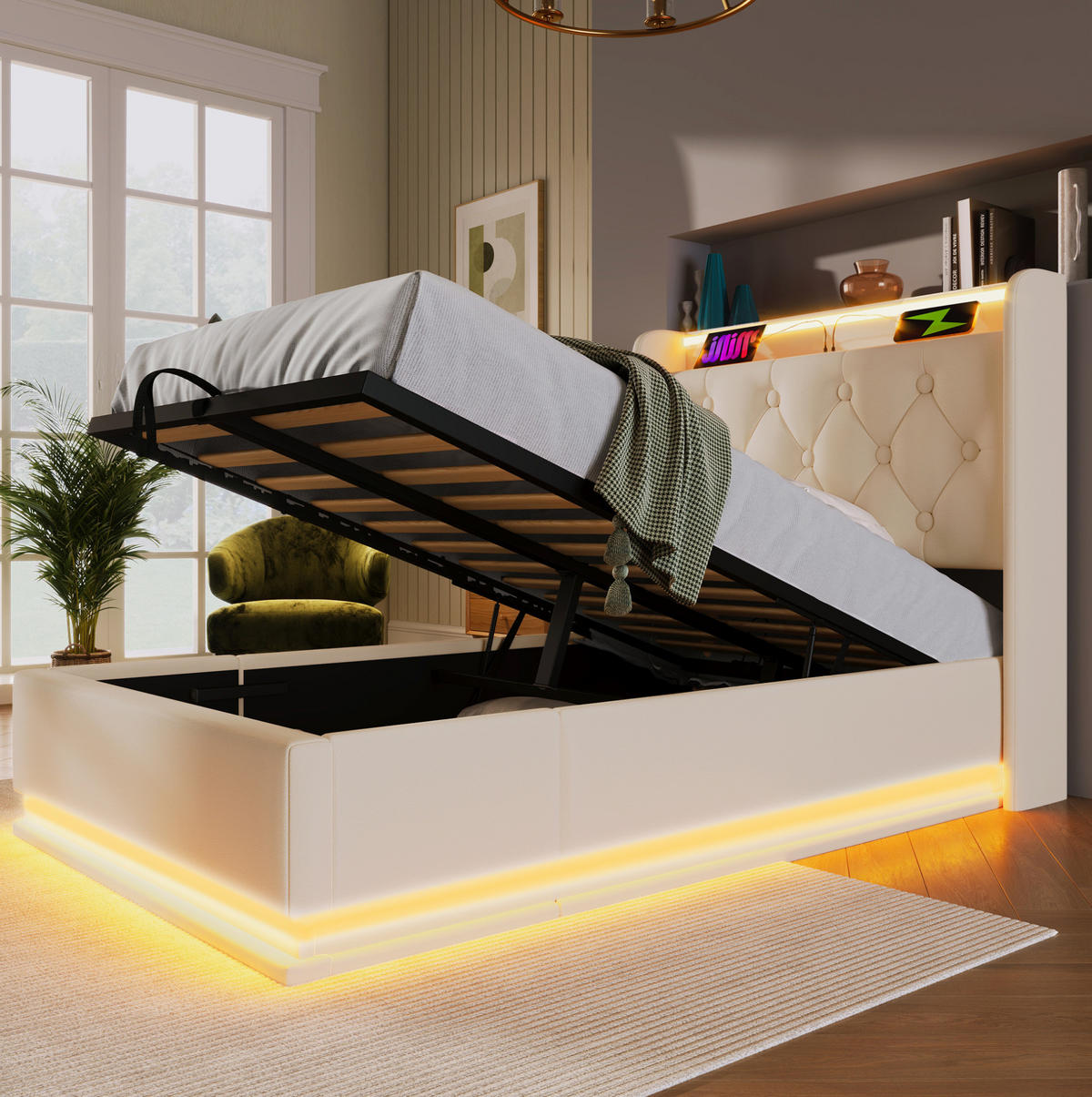 POLSTERBETT 90/200 cm mit LED-Beleuchtung, USB-C, hydraulischem Bettkasten und Matratze, Weiß - Weiß, Kunststoff (90/200cm) - Redom
