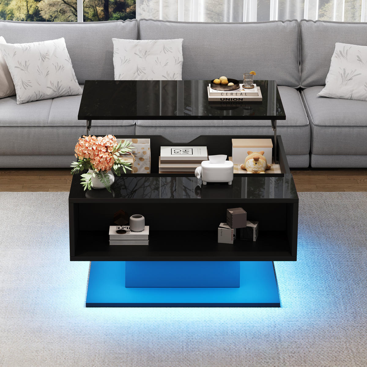 COUCHTISCH 80/77/40 cm höhenverstellbar in Schwarz mit Stauraum und LED-Beleuchtung - Schwarz, Holzwerkstoff (80/77/40cm) - OKWISH