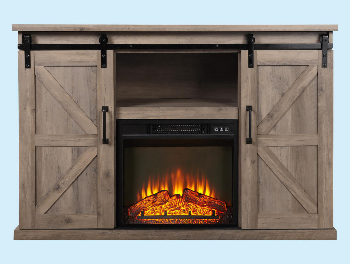 ELEKTROKAMIN in rustikaler Anrichte Hellbraun mit elektrischem Kamin und Heizung 2000 W - Hellbraun, Glas (137/82/40cm) - Purline