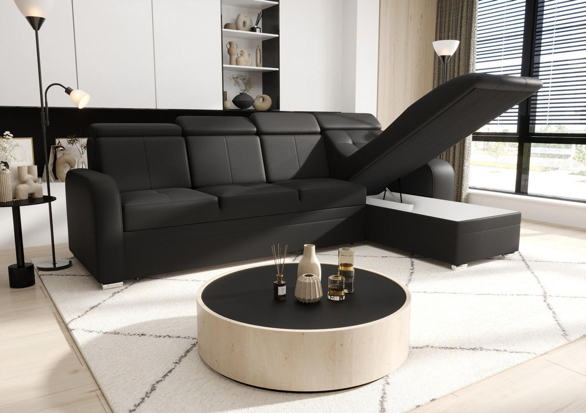 ECKSOFA KONGO RBN10, Eckcouch in L-Form mit Schlaffunktion, Farbe: Schwarz, Kunstleder, Ottomane Rechts - Schwarz, Textil (315/169cm) - O-Sofa