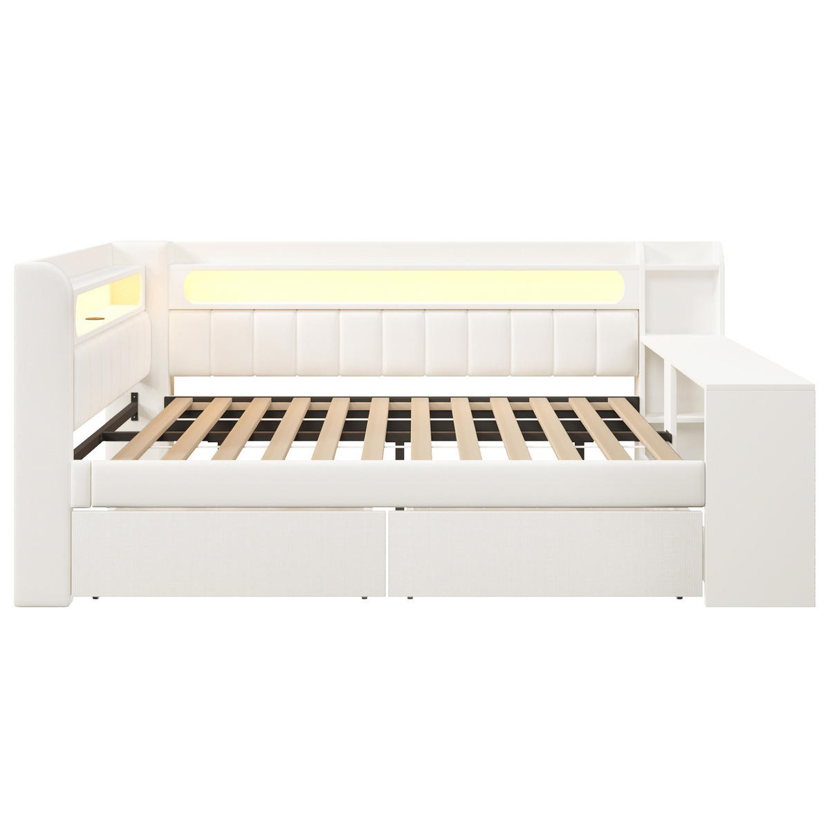 POLSTERBETT 140/200 cm weiß aus MDF mit LED und USB mit Schreibtisch - Weiß, Holzwerkstoff (140/200cm) - OKWISH