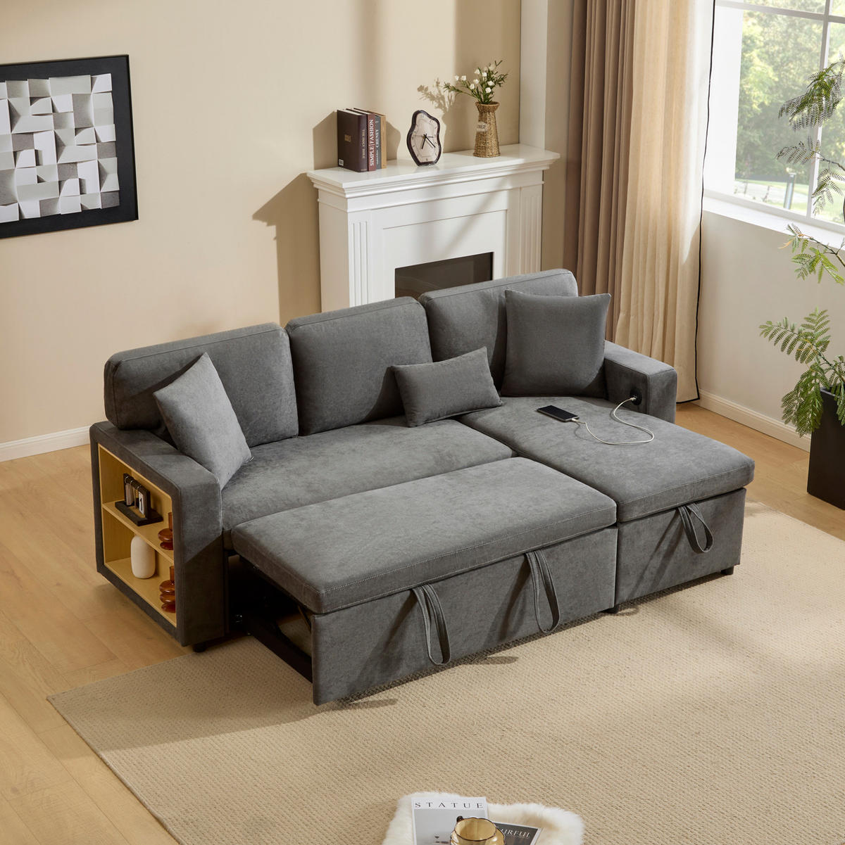 ECKECKSCHLAFSOFA Oxford-Stoff mit USB-Anschluss und Stauraum Dunkelgrau 214/131/87 cm - Dunkelgrau, Textil (87/131cm) - Redom