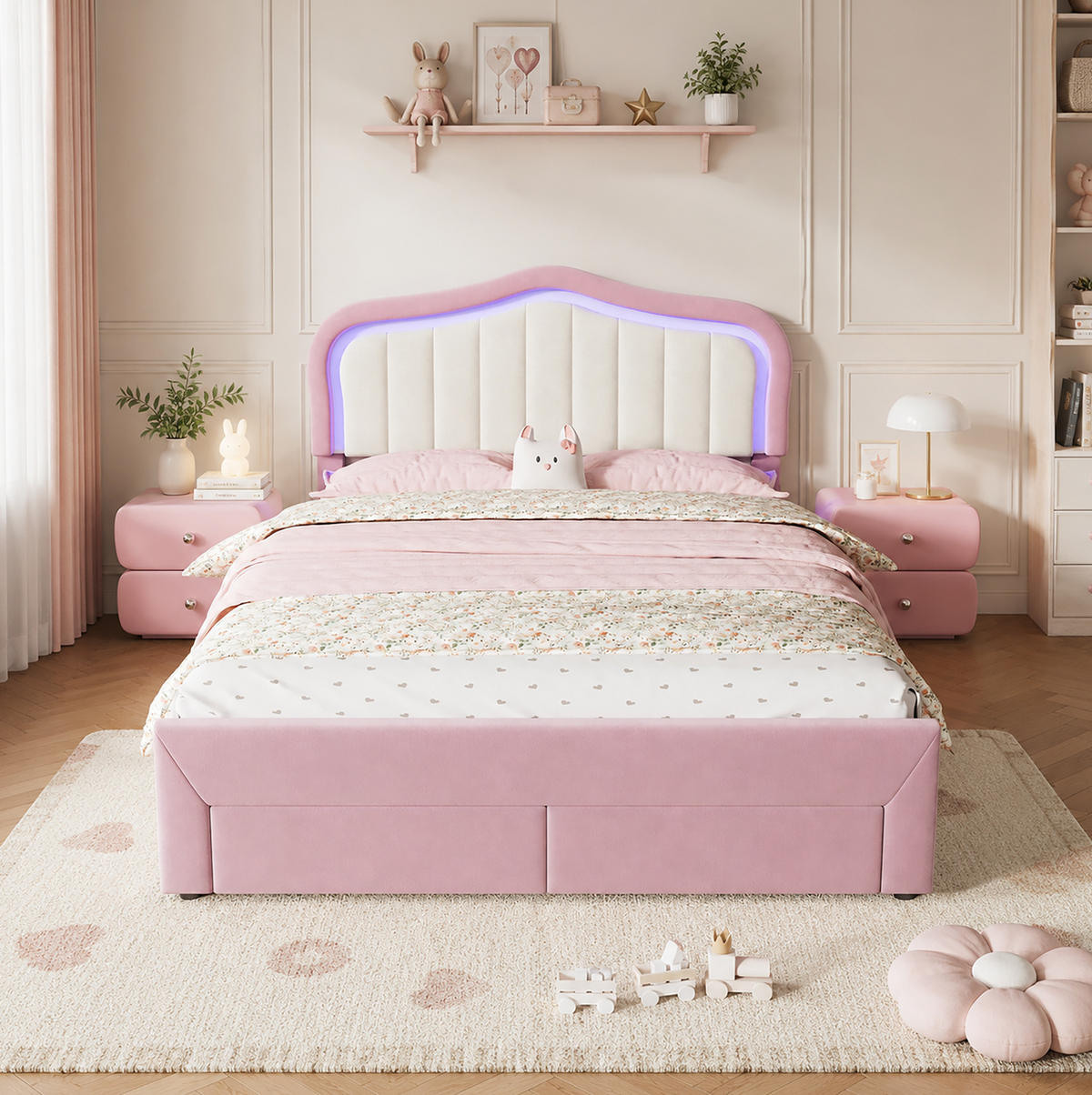 KINDER-POLSTERBETT aus Samt 140x200 cm Rosa mit Schubladen und App-gesteuerter LED-Beleuchtung - Pink, Textil (140/200cm) - Modfu