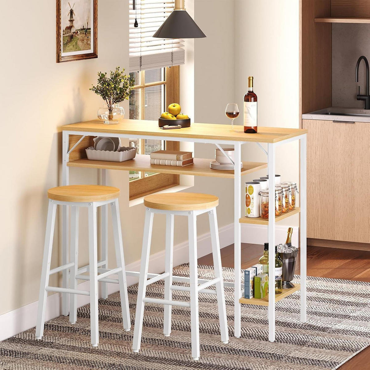 BARTISCH-SET mit 2 Hockern und 3 Ablagen Weiß/Natur - Multicolor, Holzwerkstoff (40/100.5/120cm)