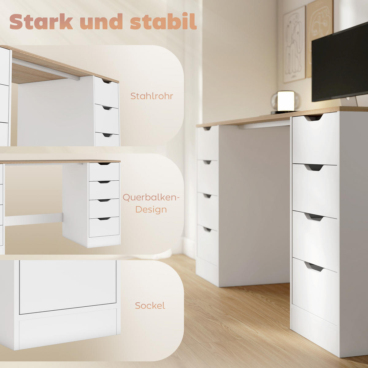 SCHREIBTISCH mit 8 Schubladen Moderner Bürotisch 140 x 53 x 75 cm Weiß - Weiß, Holzwerkstoff (140/53/75cm) - HOMCOM