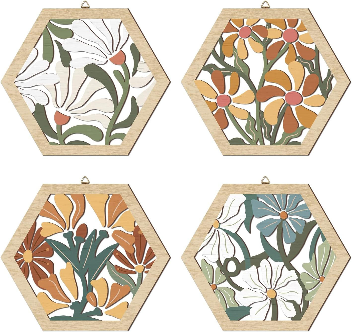 WANDDEKO Bunt 20,32x25,4cm Blumen Holz 4er Set - Akaziefarben, Holzwerkstoff (25/1cm) - Weltevree