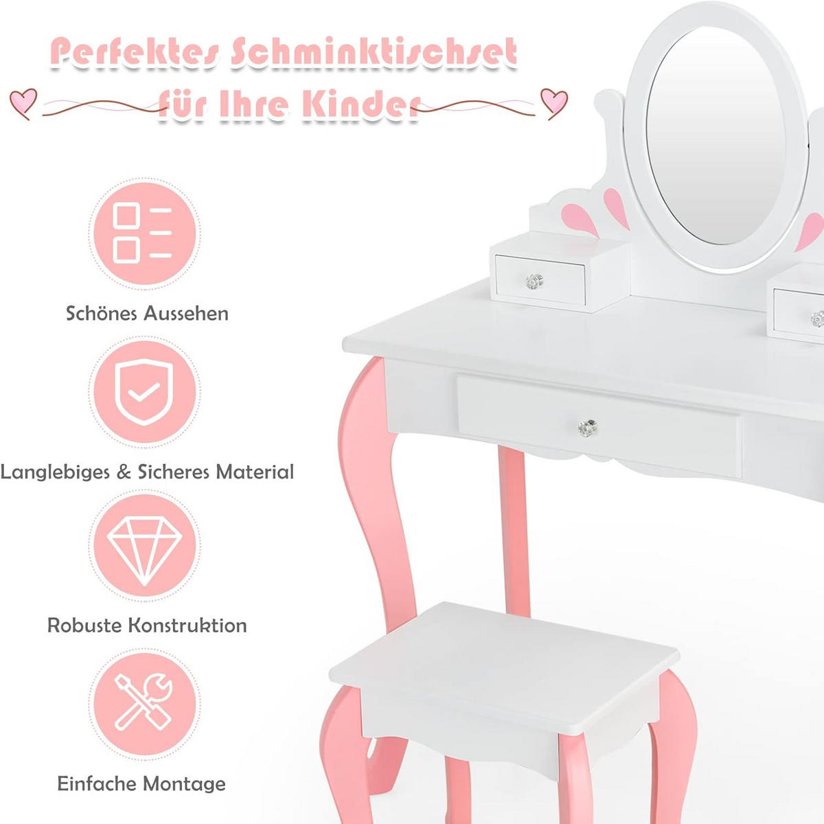 KINDER SCHMINKTISCH mit Hocker Weiß - Weiß, Holz (34/100/70cm) - COSTWAY