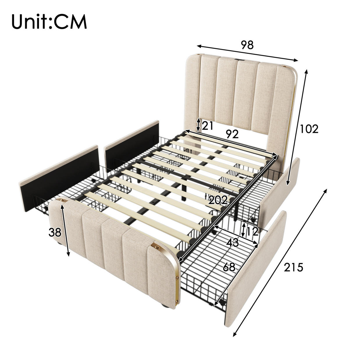 POLSTERBETT aus Leinenstoff 90x200 cm Beige mit 4 Schubladen, USB-/USB-C-Anschluss und Matratze - Beige, Textil (90/200cm) - IVMEU