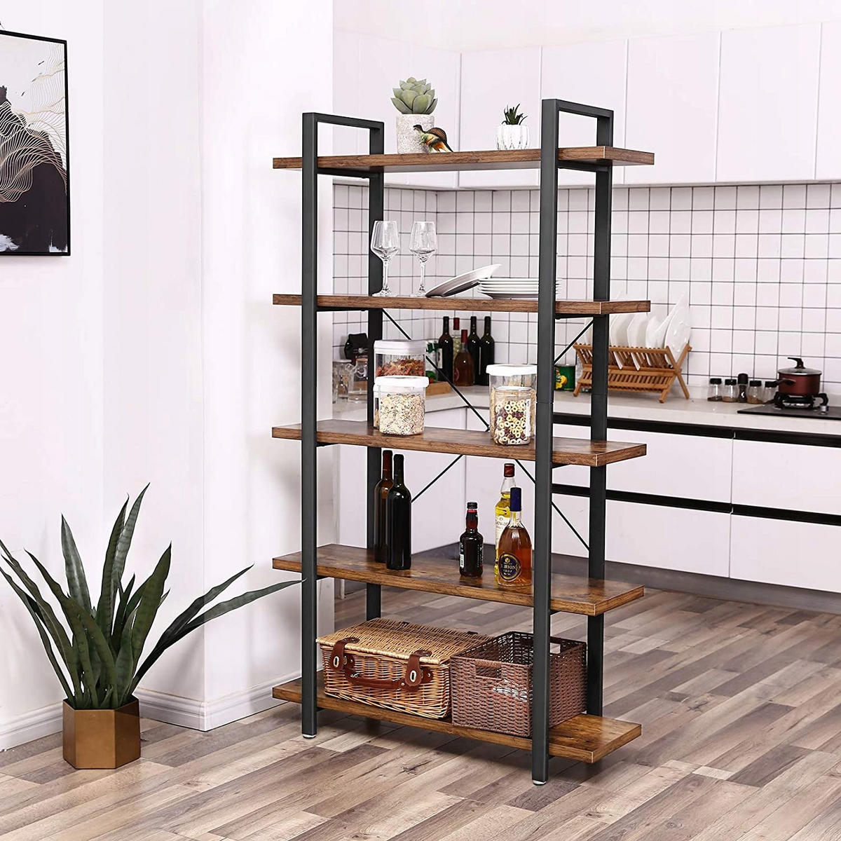 STANDREGAL Metall Holzwersktoff Schwarz Dunkelbraun 5 Ablagen Industrial 105x29,5x177,5 cm - Dunkelbraun/Schwarz, Holzwerkstoff/Metall (33.5/177.5/105cm) - Begryf