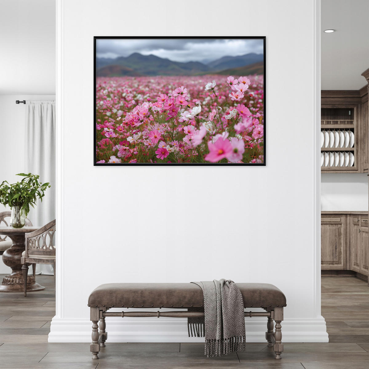 BILDER mit Rahmen Blumen Felder Rosa 100x70 cm - Multicolor, Holzwerkstoff (100/70cm) - Wallarena