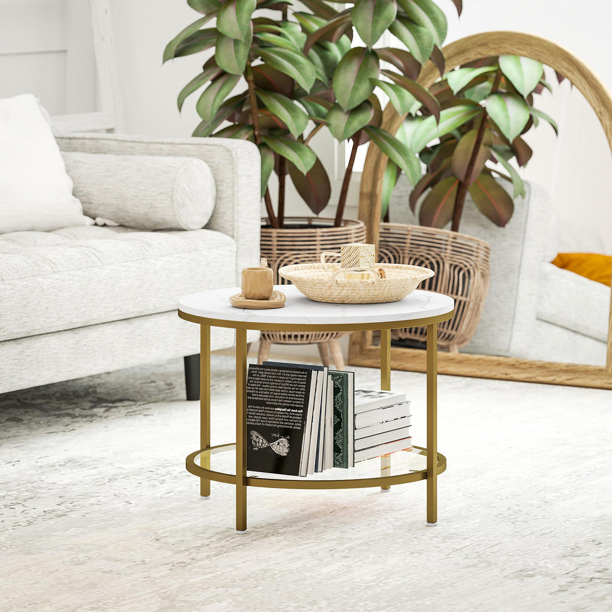COUCHTISCH DE-15785 mit Marmoroptik & Glasablage Weiß - Weiß, Holzwerkstoff (60/60/45cm) - ComfortXL