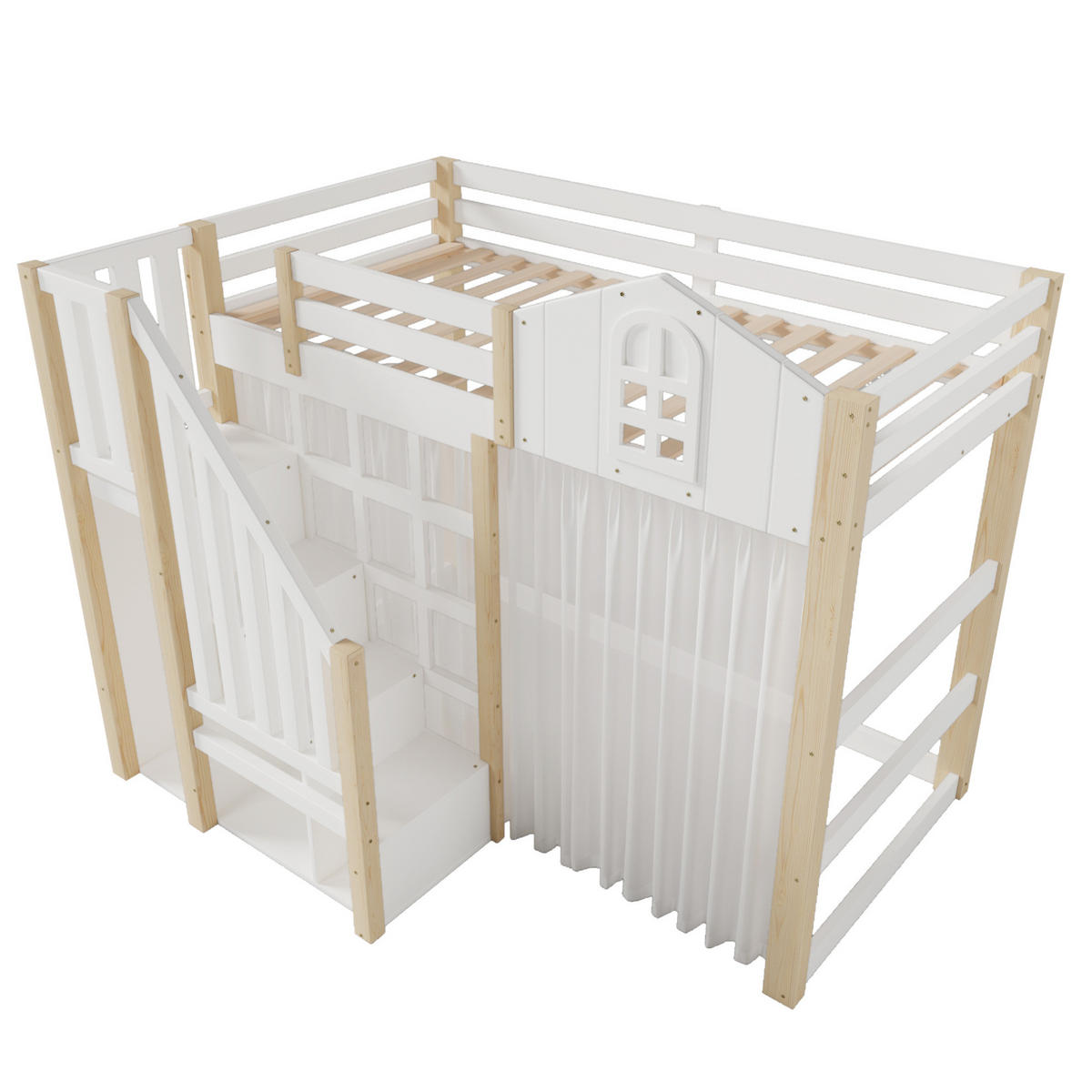 HOCHBETT aus Kiefernholz und MDF 90x200 cm Weiß/Natur mit LED-Beleuchtung, Ablageleiter, Gaze und Schlossdesign - Weiß, Holzwerkstoff (90/200cm) - Modfu