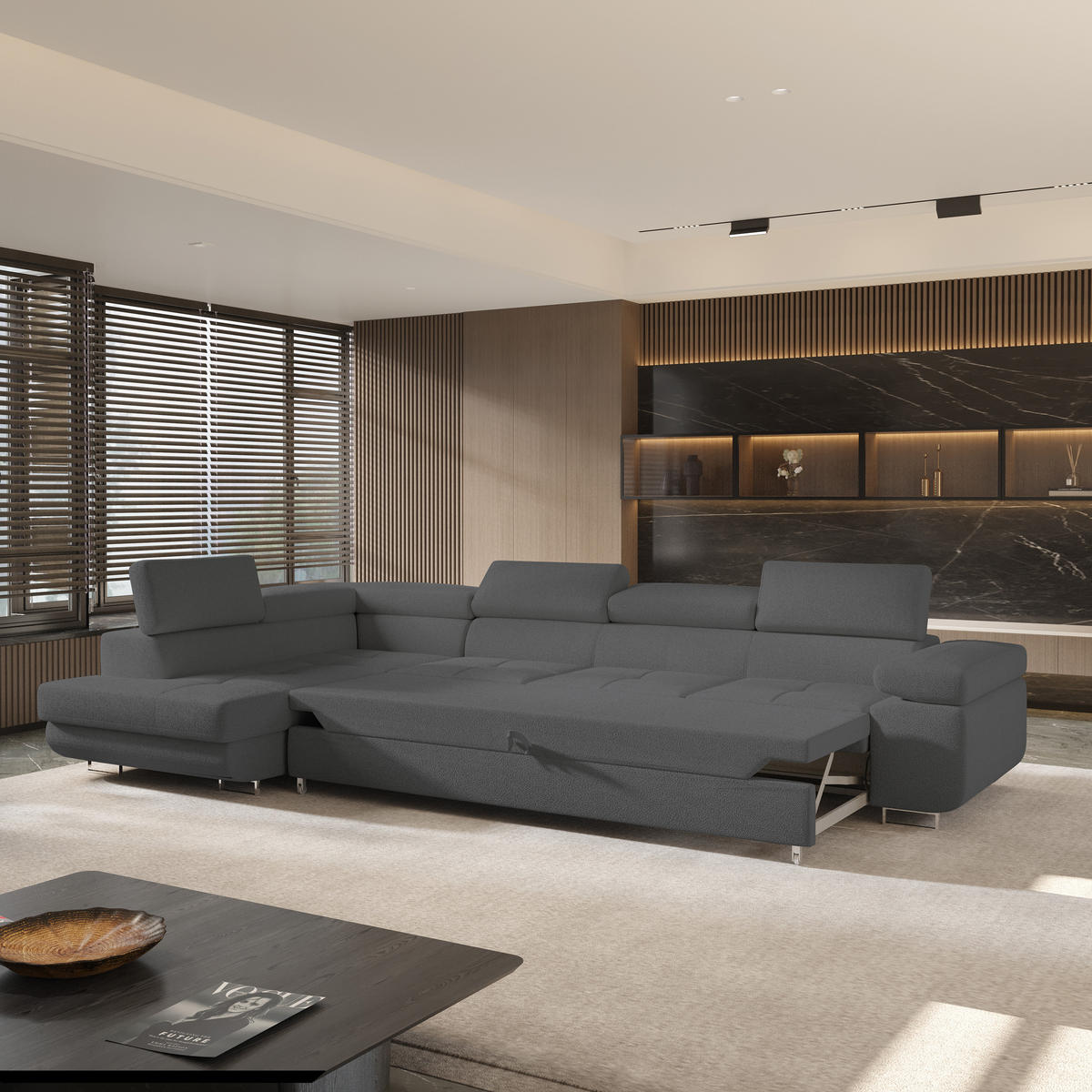 ECKSOFA VICENTE Grau Boucle-Stoff mit Schlaffunktion - Grau, Holz (346/202cm) - MASSENO