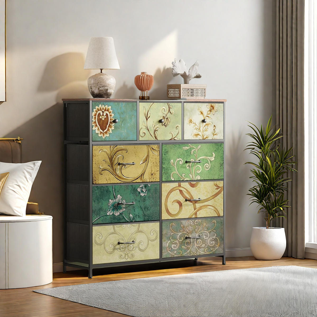 KOMMODE 9 Schubladen Metallrahmen Holzplatte Industriestil multicolor - Multicolor, Holz (30/100/100cm) - Fortuna Lai