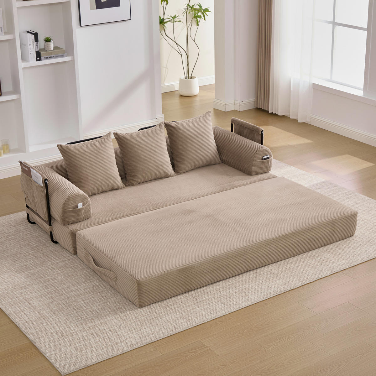 SCHLAFSOFA 200/94/67 cm khaki mit Seitentaschen plus und 3 Kissen - Sandfarben, Textil (200/67/94cm) - Oxeza