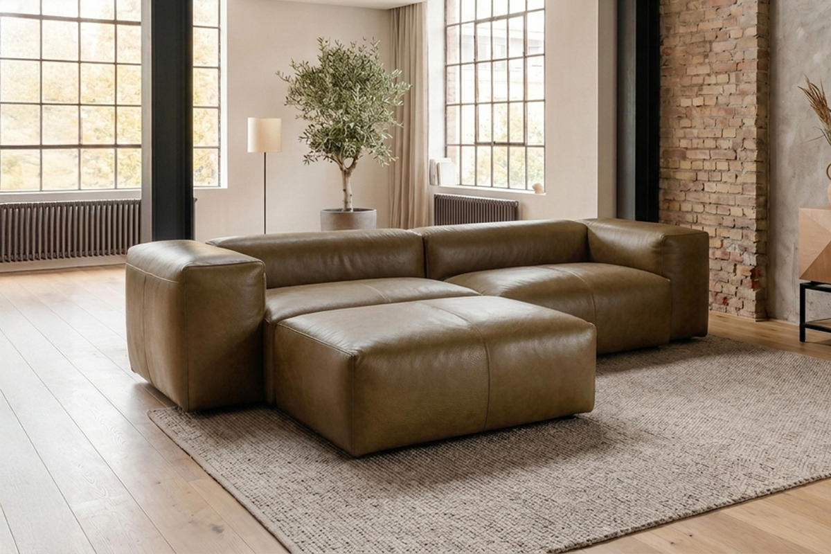 SOFA CELESTE Dunkelgrün Leder - Dunkelgrün/Schwarz, Leder/Kunststoff (302/114cm) - KAWOLA