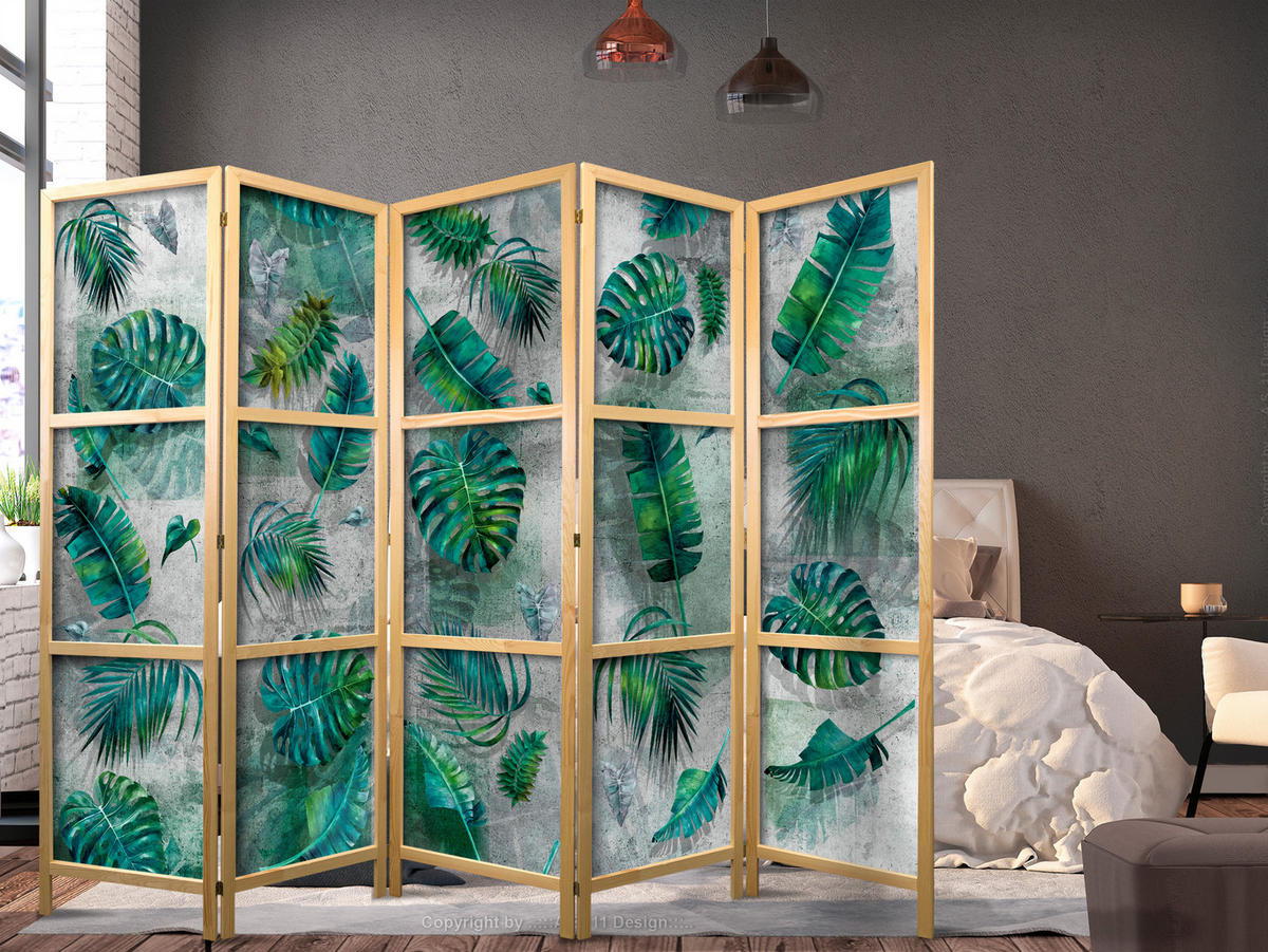PARAVENT Japanischer 5-tlg 225x172 cm Tropische Bl tter - Grün, Holz/Textil (225/172/3cm) - Muralo