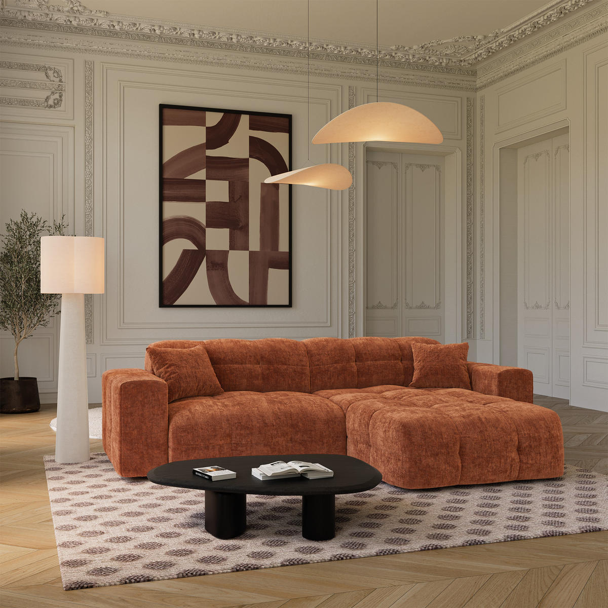 ECKSOFA rechtwinklig COCOON Geprägter Samt Terrakotta 230cm - Dunkelorange/Terracotta, Textil (230/155cm) - Premium Interiors