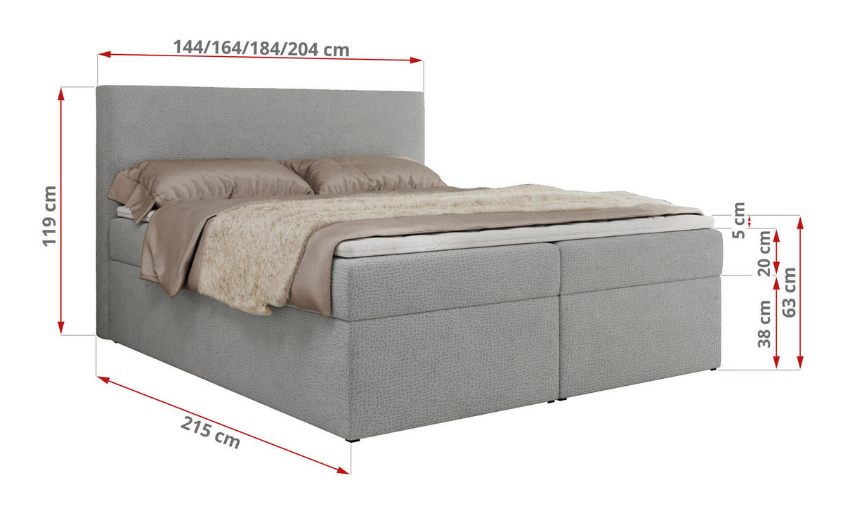 BOXBETT JAGUAR 140/200 - Hellgrau Struktur - H3 - Hellgrau, Holz/Textil (140/200cm) - MKS
