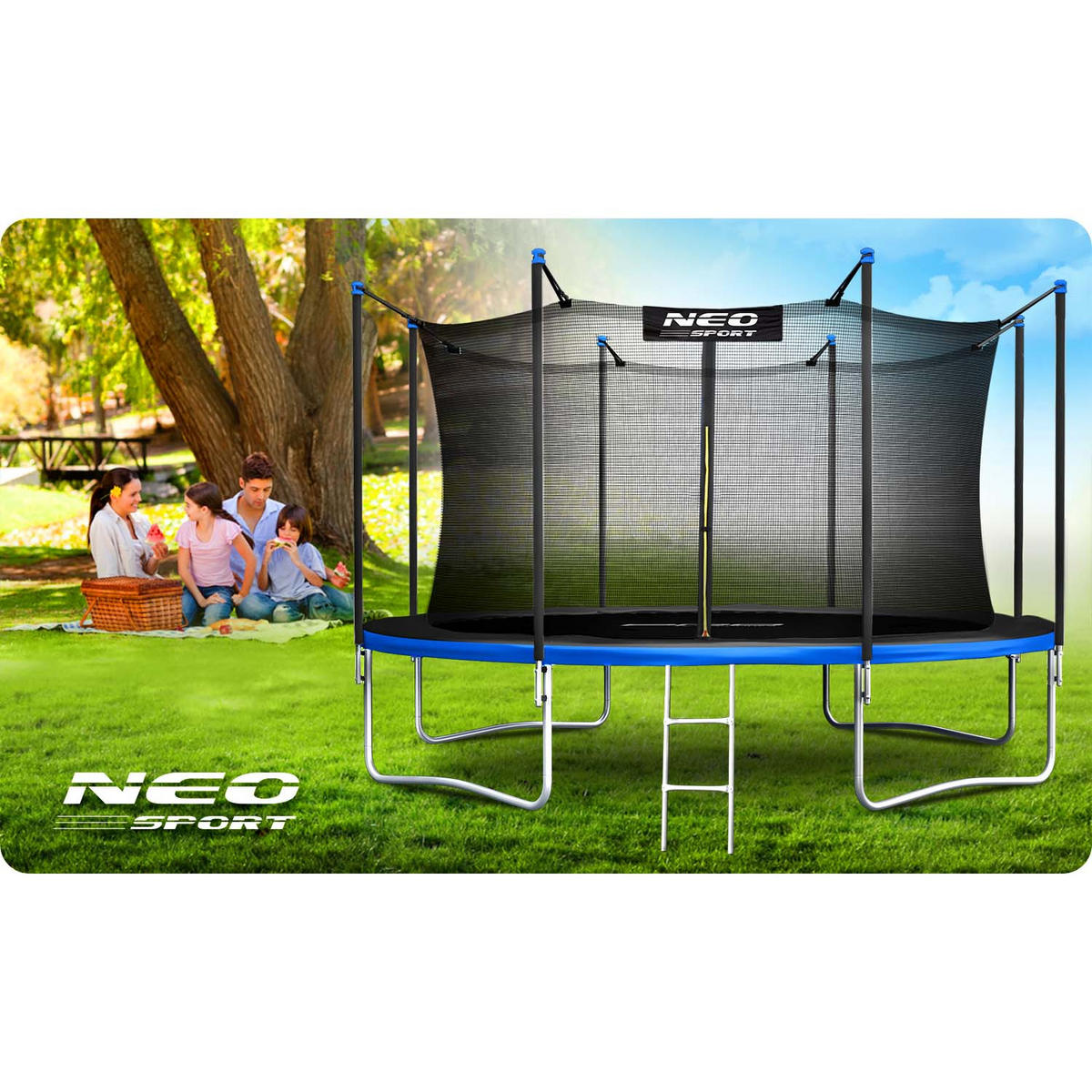 GARTENTRAMPOLIN 13 ft/404 cm mit Innennetz und Leiter - Blau, Metall (404/404cm)