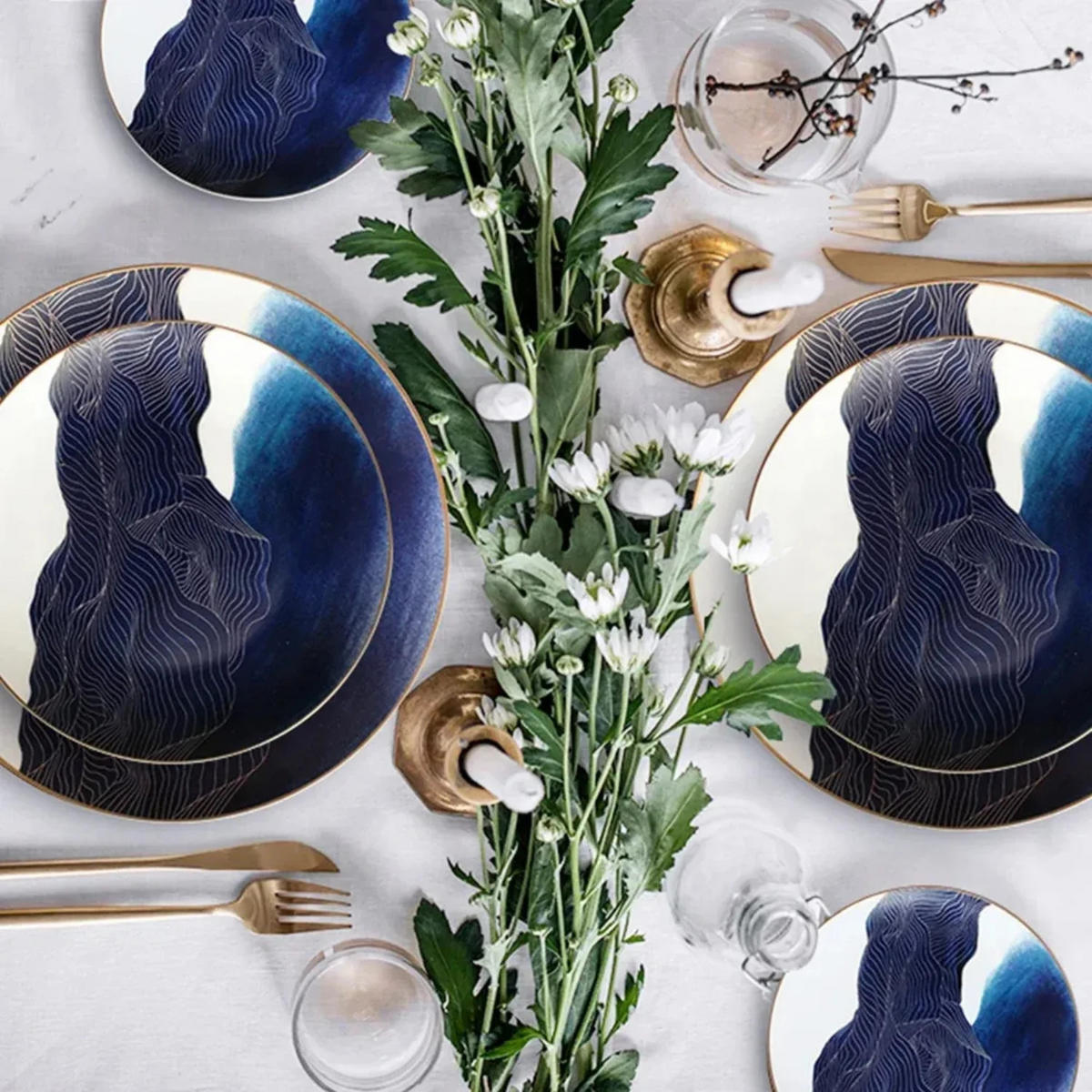 TELLERSET Blue Marble Bone China Blau Gold 4tlg Ø30 Ø27 Ø20 Ø16 cm - Blau, Keramik (30/2/2cm) - Quality Elegance