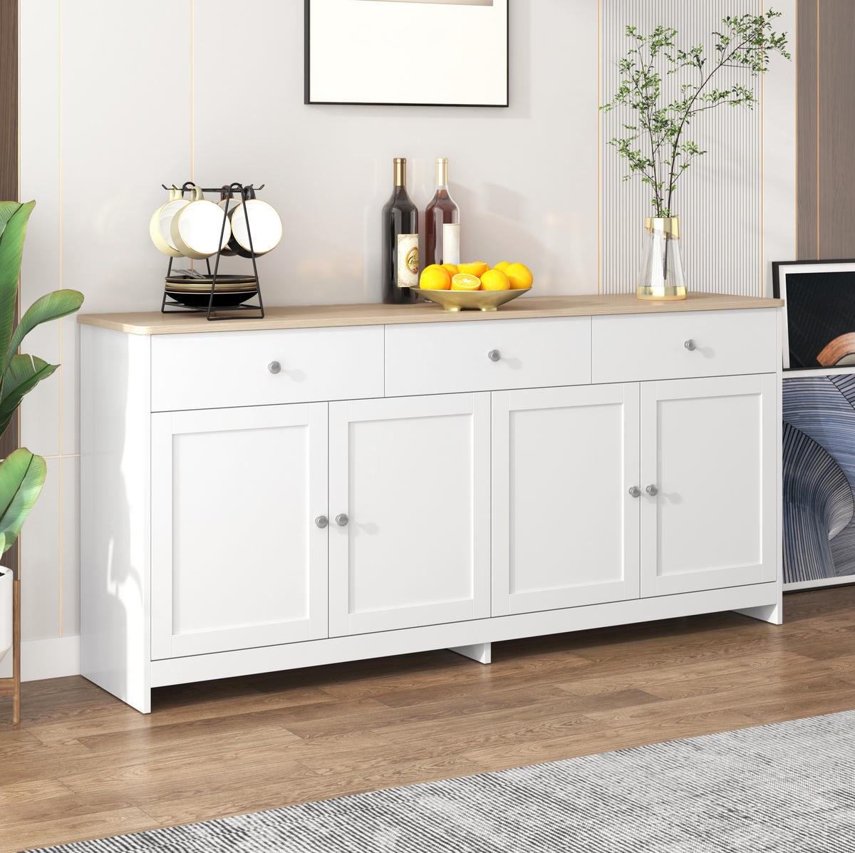SIDEBOARD 160/37/75 cm in Weiß mit 4 Türen, 3 Schubladen und verstellbaren Böden - Weiß, Holzwerkstoff (160/75/37cm) - Flora Grace