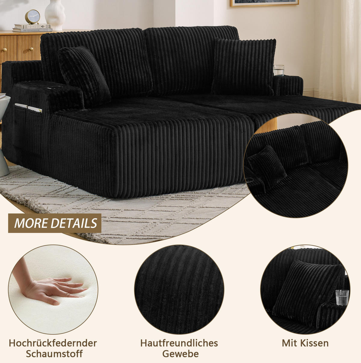 SCHLAFSOFA multifunktional als 2-Sitzer, Relaxsessel mit Magazintasche, Getränkehalter und Kissen, Schwarz - Schwarz, Kunststoff (186/78/154cm) - Redom