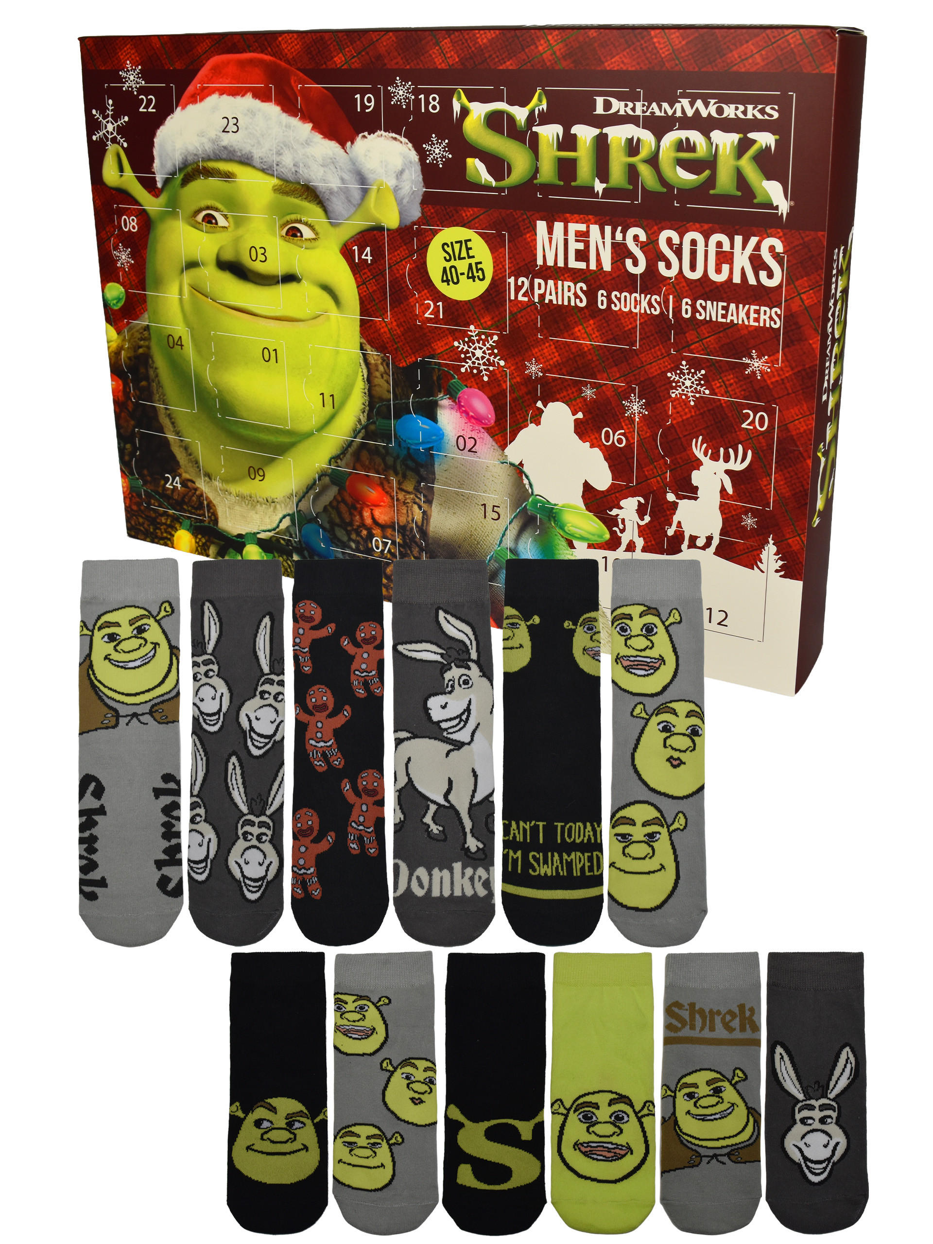 ADVENTSKALENDER Shrek - Der tollkühne Held mit 12 Paar Socken Größe 40-45 - Multicolor, Textil (37/5/26.5cm)
